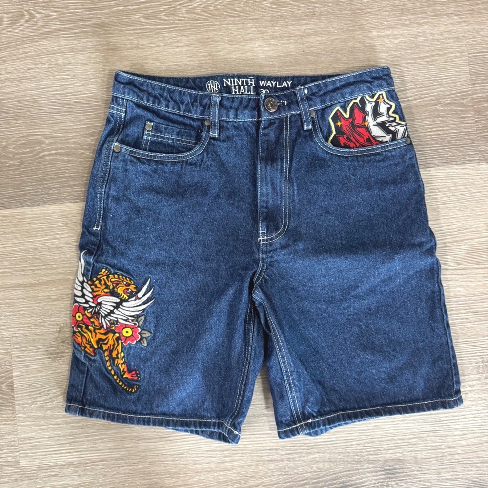 Ninth Hall Waylay Denim Shorts Mens 30 Blue Embroidered Tiger Rose Graffiti